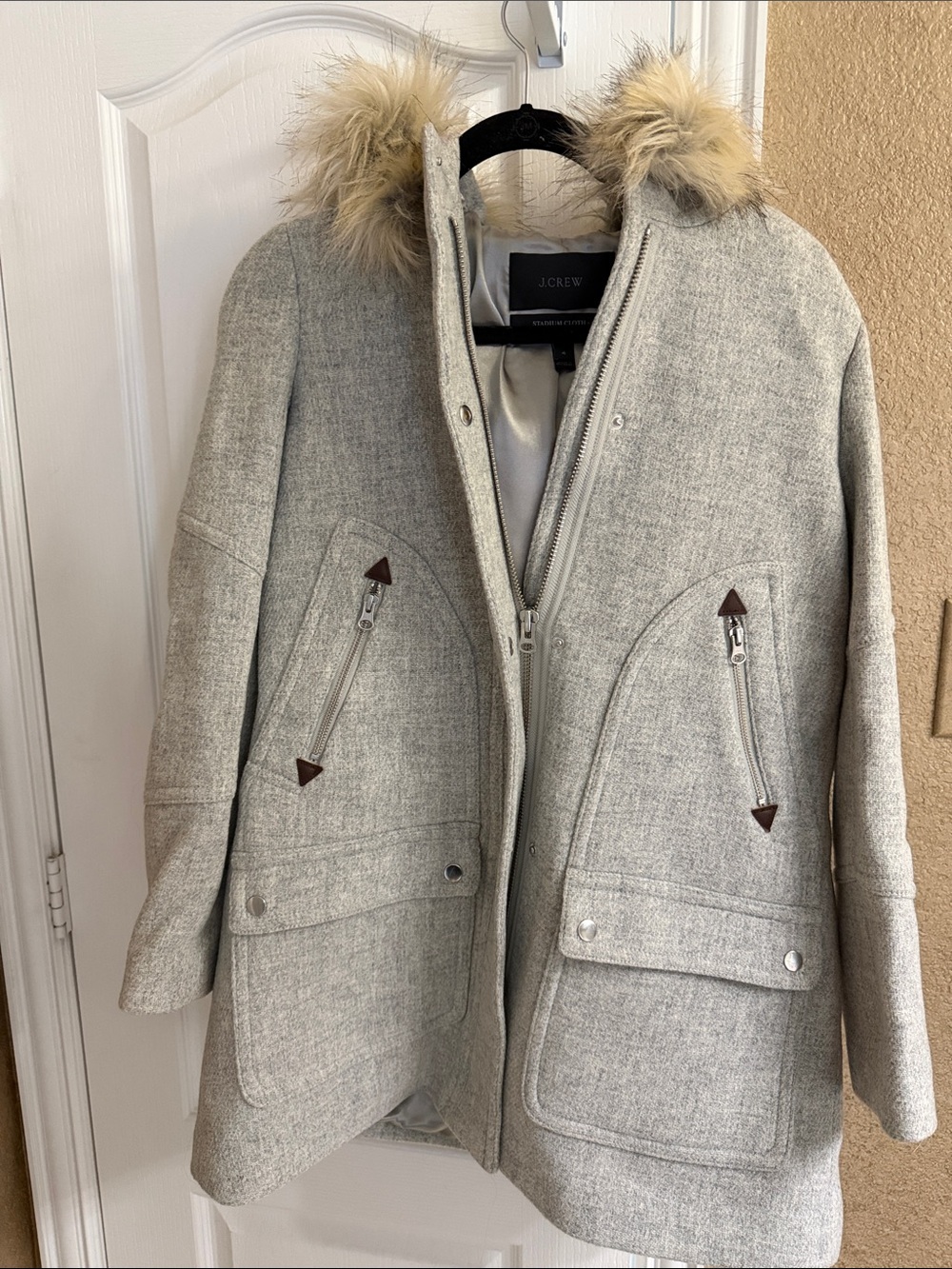 J. Crew Light Gray Wool Pea Coat with Faux Fur Trim